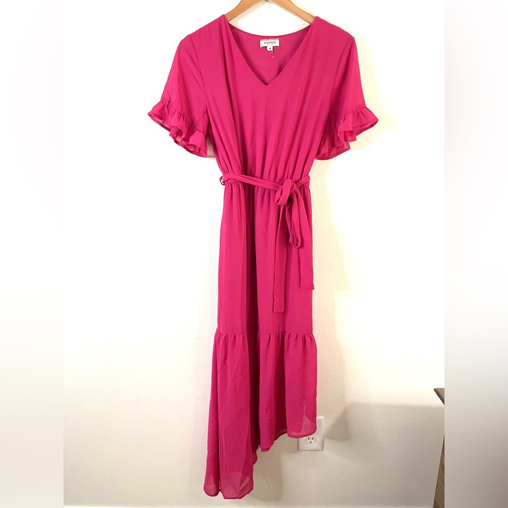 Andree by Unit Hot Pink Asymmetrical Midi Wrap Dress
